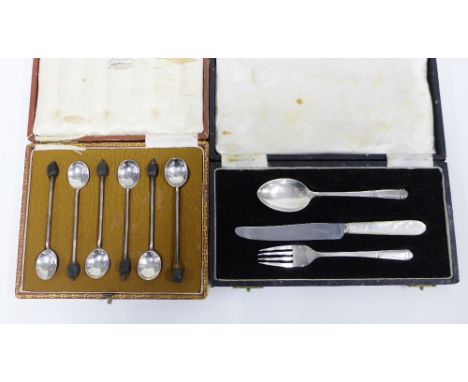 Set of six Sheffield silver coffee bean handled spoons and a Sheffield silver knife, fork and spoon,&nbsp; cased (a lot)