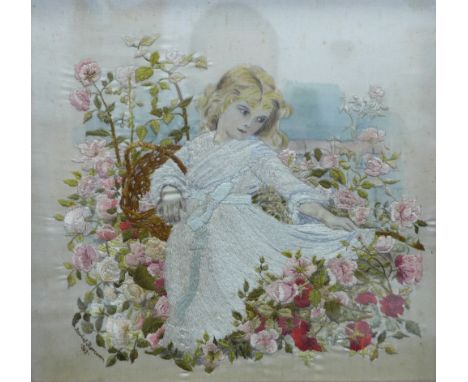 Edwardian embroidered silk panel of a girl in a rose garden, signed Isobel Thomson and dated 1902, framed under glass, size o