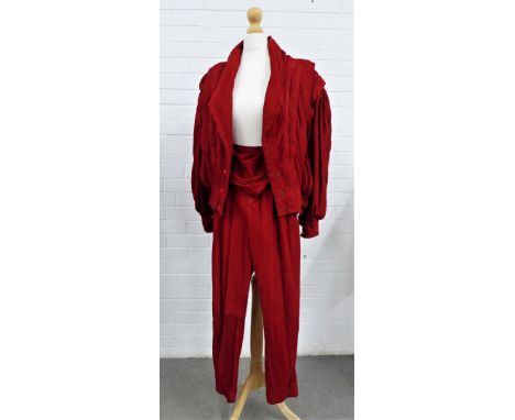 1980s vintage Beltrami red suede jacket and trouser suit, size 42 (2)
