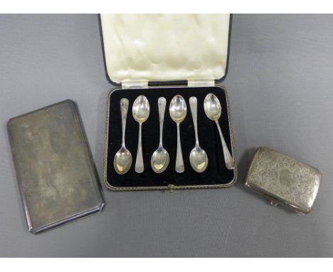 George VI silver cigarette case, Birmingham 1944, an Epns cigarette case and a set of six Birmingham silver teaspoons (a lot)