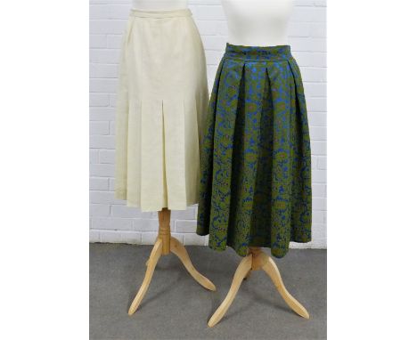 1980s vintage Chanel Boutique cream linen skirt with pleats, lined, size 38 and a Creation Cewa embroidered  skirt with Harro