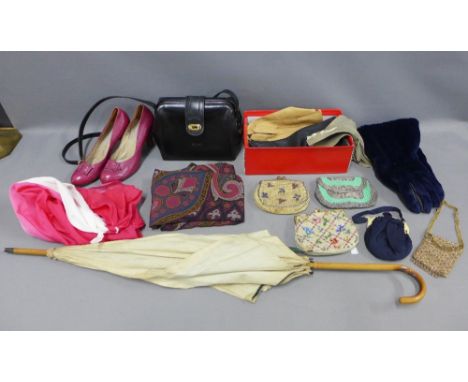 A collection of lady's vintage fashion accessories to include beaded purses, Bally black leather handbag, a pair of pink leat