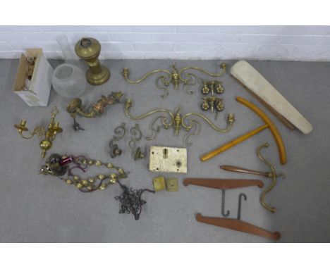 Mixed lot to include the brass fittings from a rise and fall light, vintage oil lamp, barristers hangers, wall lights, lock p