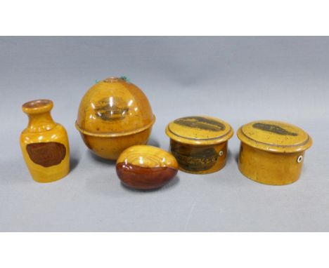 A collection of Mauchline Ware to include string holders and bobbin boxes together with a small fruitwood  vase and egg, (5)