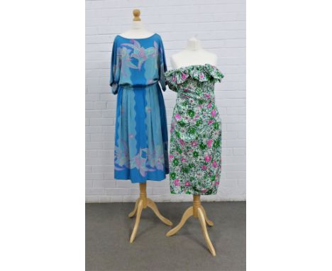 Vintage Zandra Rhodes of London for Jack Mulqueen Ltd 100% silk dress size 8 and a Flora Kung of New York  silk dress size 10