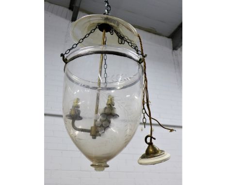 Fruit and vine etched glass hall lantern style light with two brass arms to the interior, approx 50 x 20cm