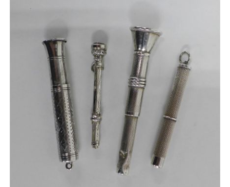 Four silver cigar piercers, one with a citrine facet end, one marked Sterling and two with engine turned pattern, (4) 