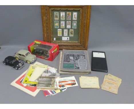 Framed cigarette cards, collection of vintage railway tickets, postcards, Motorcycle pamphlet, Hudswell Clarke Railway Foundr