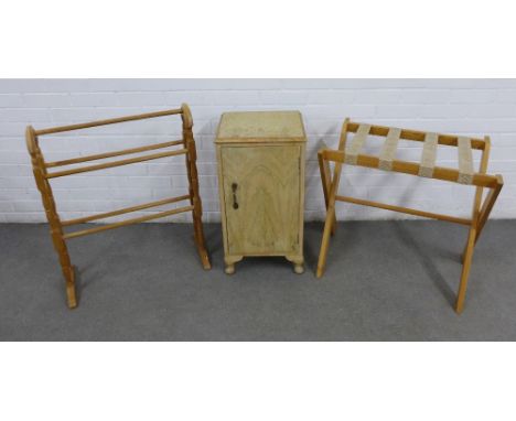 Vintage bedside cabinet, 37 x 68cm, pine towel rail and a luggage stand, (3)
