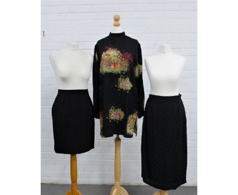 Vintage Italian black silk top with a high collar, long sleeves and matching long skirt, size 40  an Yves Saint Laurent black