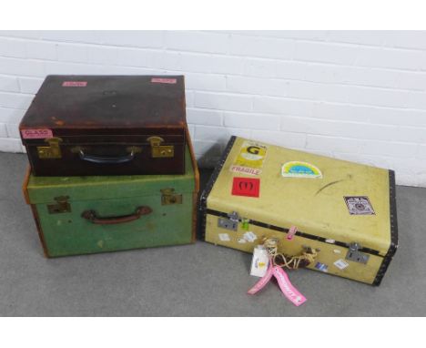 Three vintage travel cases to include Tizlite with travel stickers, brown leather case and a green canvas case with brown lea