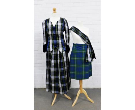 Caryl James of Edinburgh silk tartan skirt, jacket and sash, likely size small, and a vintage kilt (2) 