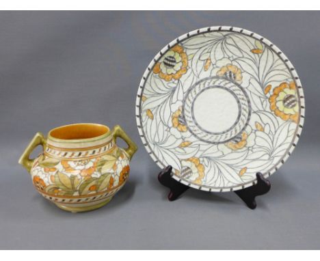 Charlotte Rhead for Crown Ducal, a Tudor Rose pattern charger and vase, both with printed factory marks, the vase with a star