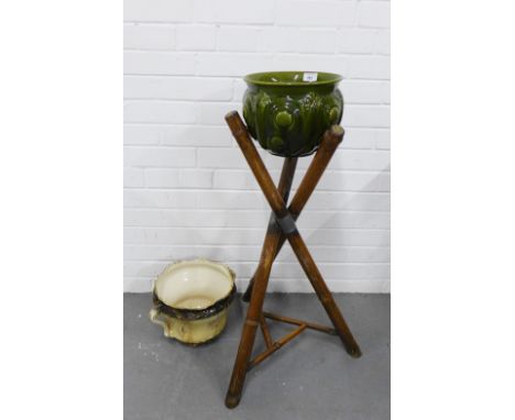 Early 20th century faux bamboo jardiniere stand with two Victorian glazed pottery planters, (one a/f) height including plante