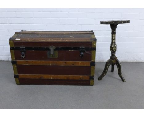 Vintage dome topped trunk  76 x 49 x 46cm,  and a bone inlaid pedestal side table, 60cm (with losses and damage) (2) 