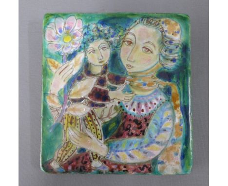 Duboul Continental glazed tile depicting a mother and child, 20 x 20cm  