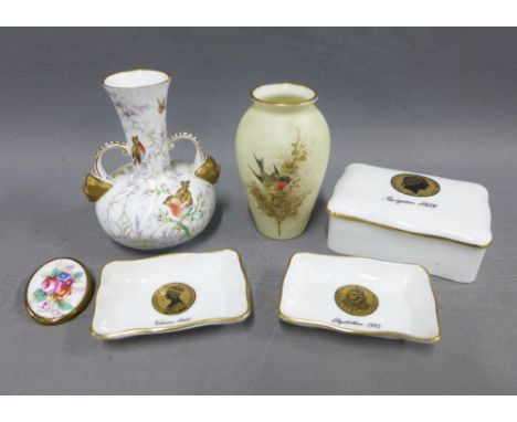 Royal China Works Worcester vase 10cm high, Victorian hand painted porcelain vase, Crown Staffordshire box and pin trays and 