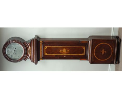 Early 19th century inlaid mahogany drum head longcase clock circular silvered dial with subsidiary seconds signed William Rus