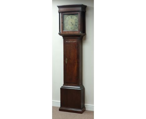 George III oak longcase clock, square hood with turned column supports, square brass dial inscribed 'Geo. Avenell, Farnham', 