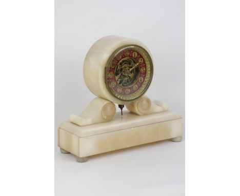 Late 19th century alabaster mantle clock, visible skeleton movement, H23.5cm   Condition Report   Click here for further imag