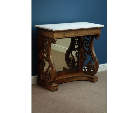 Early Victorian rosewood console table, pierced carved scroll supports with mirrored base, white marble top, single frieze dr