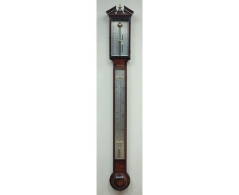 Mahogany & walnut stick barometer with thermometer, silvered registers signed Cary London, cross banded case with angular ped