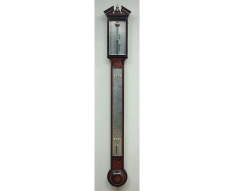 Mahogany & walnut stick barometer with thermometer, silvered registers signed Cary London, cross banded case with angular ped