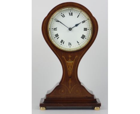 Late 19th century inlaid mahogany balloon mantle clock, cylinder movement, white enamel dial, H23cm   Condition Report   Clic
