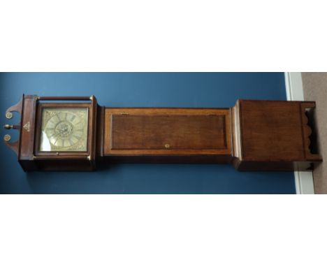 Late 18th century oak and mahogany banded longcase clock, squared hood with fluted column supports and swan neck pediment, sq