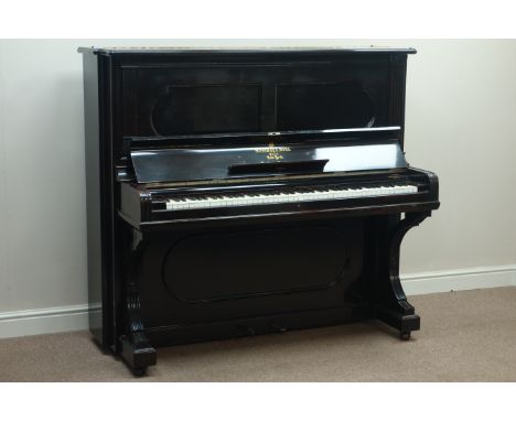 Steinway upright piano, iron framed overstrung movement with under damper & check tape, standard & half blow action, in Movem