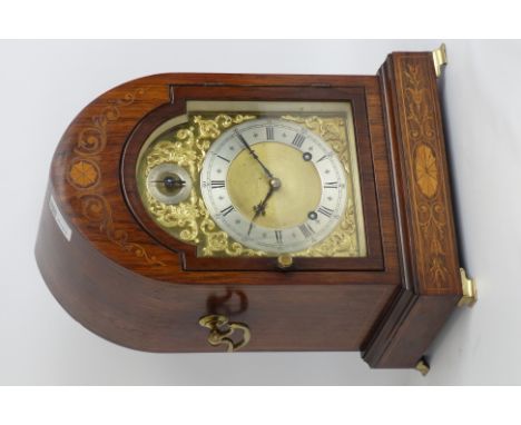 Edwardian inlaid rosewood lancet shaped mantel clock,  arched glazed door, brass dial with silvered chapter ring, quarter gon