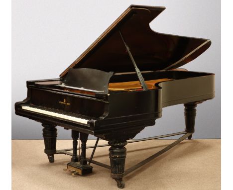 Steinway & Sons concert grand piano, circa 1900, iron framed over strung movement in ebonised case, No. 96292, on gadroon car