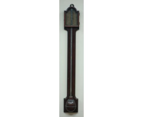 18th century mahogany stick barometer, paper register indistinctly inscribed '....... Italian', moulded arched glazed door, H