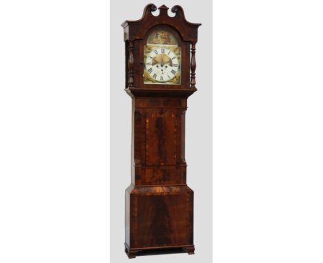 19th century mahogany Yorkshire longcase clock, the arched dial painted with Temperance Movement arms above automata march an