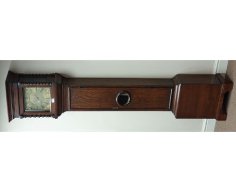 18th century oak longcase clock, square hood with barley twist columns, square brass dial inscribed 'Bell Fecit', trunk door 