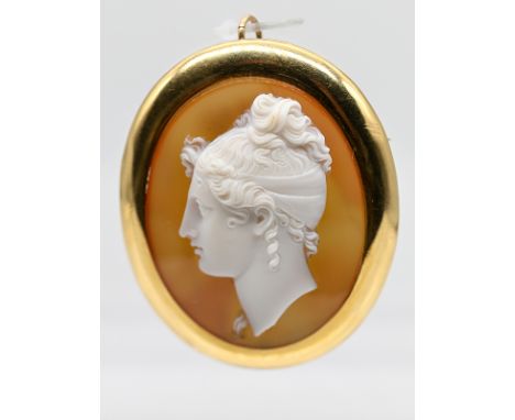 Brosche / Anhänger mit Achat-Kamee und Collierkette, um 1900.585/- Gelbgold. Gesamtgewicht ca. 27,9 g. Hochoval. Achat-Kamee 