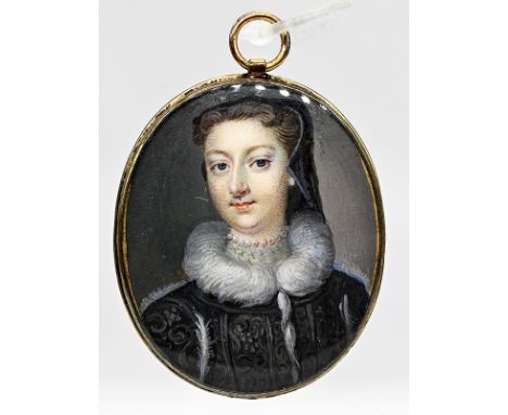 Damen-Bildnisminiatur, wohl England (Umkreis Christian Friedrich Zincke ?), 18. Jh.Farbige weiß gehöhte Brust-Bildnismalerei 