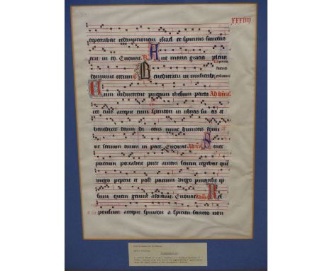 14TH CENTURY NETHERLANDS OR GERMANY, HAND ILLUMINATED MUSIC ANTIPHONARIUM MANUSCRIPT PAGE ON DOUBLE SIDED VELLUM. WRITTEN IN 