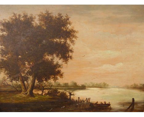 ATTRIB. SOLOMON VAN RUYSDAEL (1602-1670). RIVER LANDSCAPE WITH TREES, OIL ON CRADLED PANEL. SIGNED TO RIVER BANK CENTER. (19T