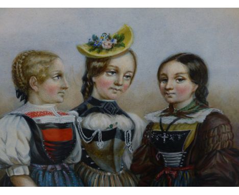 LATE 19TH CENTURY/ EARLY 20TH CENTURY GERMAN SCHOOL.- THREE GIRLS IN TRADITIONAL DRESS- WATERCOLOUR. 18 X 13 cm.
&nbsp;
Condi