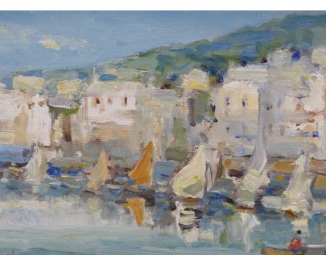MICHAEL D'AGIULAR (1922-2011), ARR. BOATING REGATTA BEFORE A VILLAGE PROMENADE, OIL ON PANEL, SIGNED LOWER LEFT. 19.5 x 29 cm