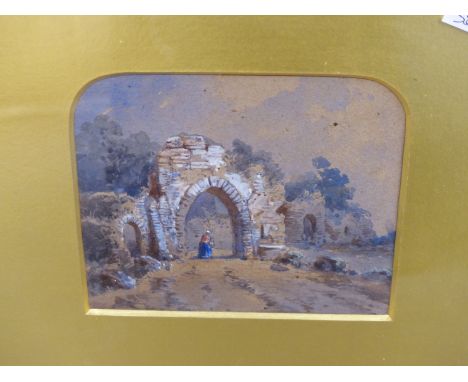 19TH CENTURY ENGLISH SCHOOL, COUNTRY PARK LANDSCAPES, A PAIR OF WATERCOLOURS. 15 X 11 cm TOGETHER WITH A STUDY OF RUINS AND A