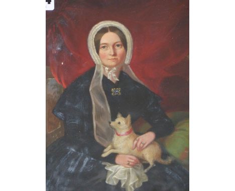 19TH CENTURY ENGLISH SCHOOL, PORTRAIT OF A LADY, MS. ALICE PENHOUSE, WITH HER DOG, INSCRIBED VERSO AND DATED 1844. 17 X 22.5c