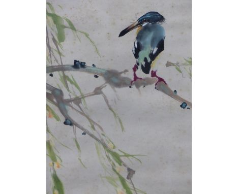 A LARGE CHINESE SCROLL PANEL- KINGFISHER ON A BRANCH , WATERCOLOUR. WITH INK SCRIPT INSCRIPTION. LATER FRAMED..45 X 86 cm.
&n