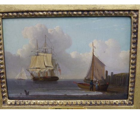WILLIAM ANDERSON (1757-1887) SAILING SHIPS BY THE COAST. OIL ON PANEL. 16 X 11 cm.
&nbsp;
Condition of lots is NOT referred t