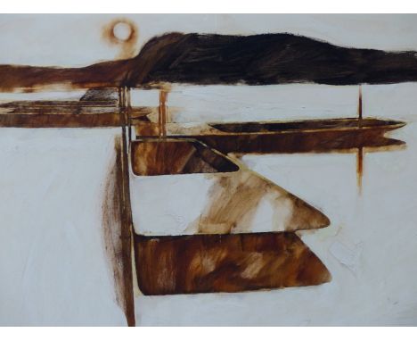 MARTIN AYNSCOMBE-HARRIS. (1937-2016) ARR. PUNTS ON A DOCK AT SUNSET. OIL ON CANVAS . SIGNED LOWER RIGHT. 152 X 100 cm.
&nbsp;