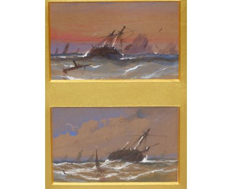 19TH CENTURY ENGLISH SCHOOL. MARITIME VIEWS, THREE STUDYS OF SHIPS IN HIGH SEAS AND ONE FURTHER IN HARBOUR, EACH APPROX 10 X 