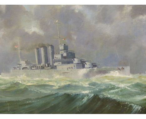 20TH CENTURY ENGLISH SCHOOL, STUDY OF A BRITISH OR AUSTRALIAN COUNTY CLASS NAVAL BATTLE CRUISER IN HIGH SEAS, SIGNED INDISTIN