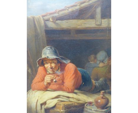 FRANCOIS VERHEYDEN (1806-1889), " LABOURER AT REST BY THE BARN", OIL ON PANEL, SIGNED AND DATED 1840 LOWER CENTER. 41 x 34 cm
