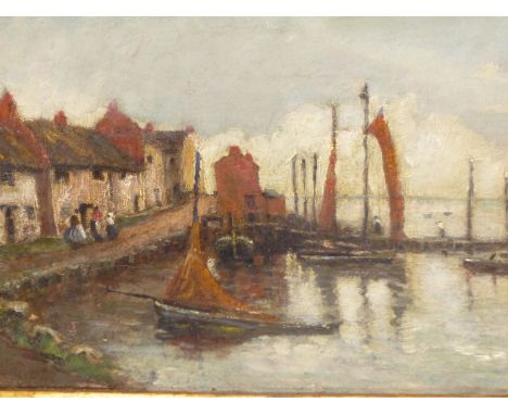 WILLIAM BODEN (1840-1920) THE FISHING VILLAGE, OIL ON CANVAS, LABELLED VERSO. 34.5 X 24.5 cm
&nbsp;
Condition of lots is NOT 